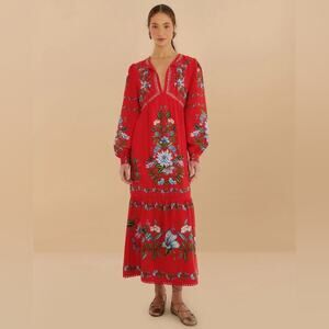 Farm Rio Red Sweet Bloom Bouquet Midi Dress L